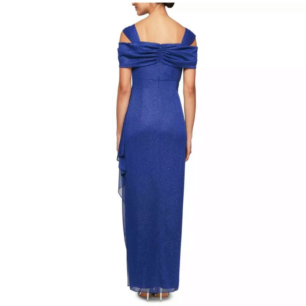 Formal Dress Size 14 ALEX EVENINGS Cold off the Shoulder Glitter Mesh Gown Blue - Picture 2 of 6